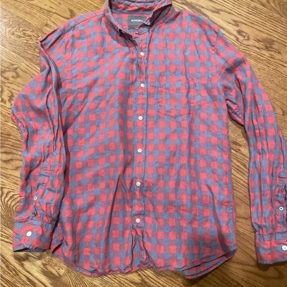 Bonobos Mens Shirt Large Slim Fit Red Plaid Linen Long Sleeve Button Up